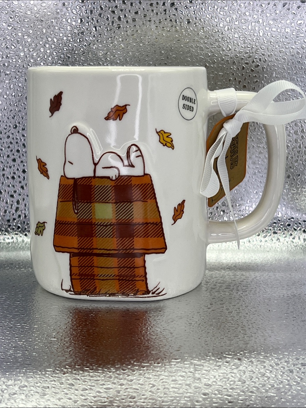 Peanuts White Mug with Orange and Brown Plaid Snoopy Design